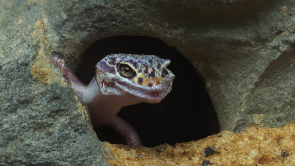 Gecko looking out of his rock hide