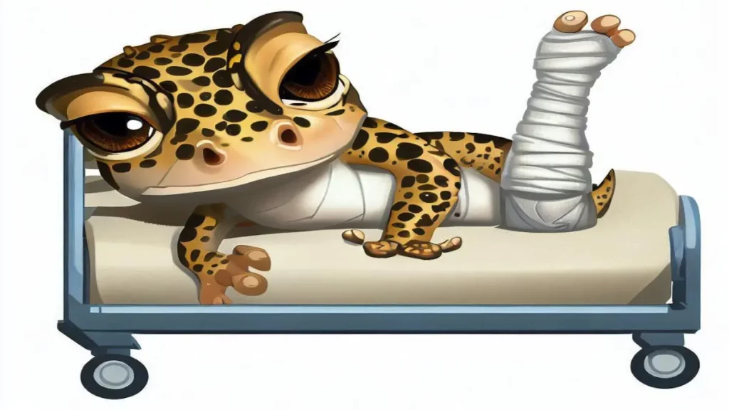 Leopard gecko with metabolic bone disease in hospital bed